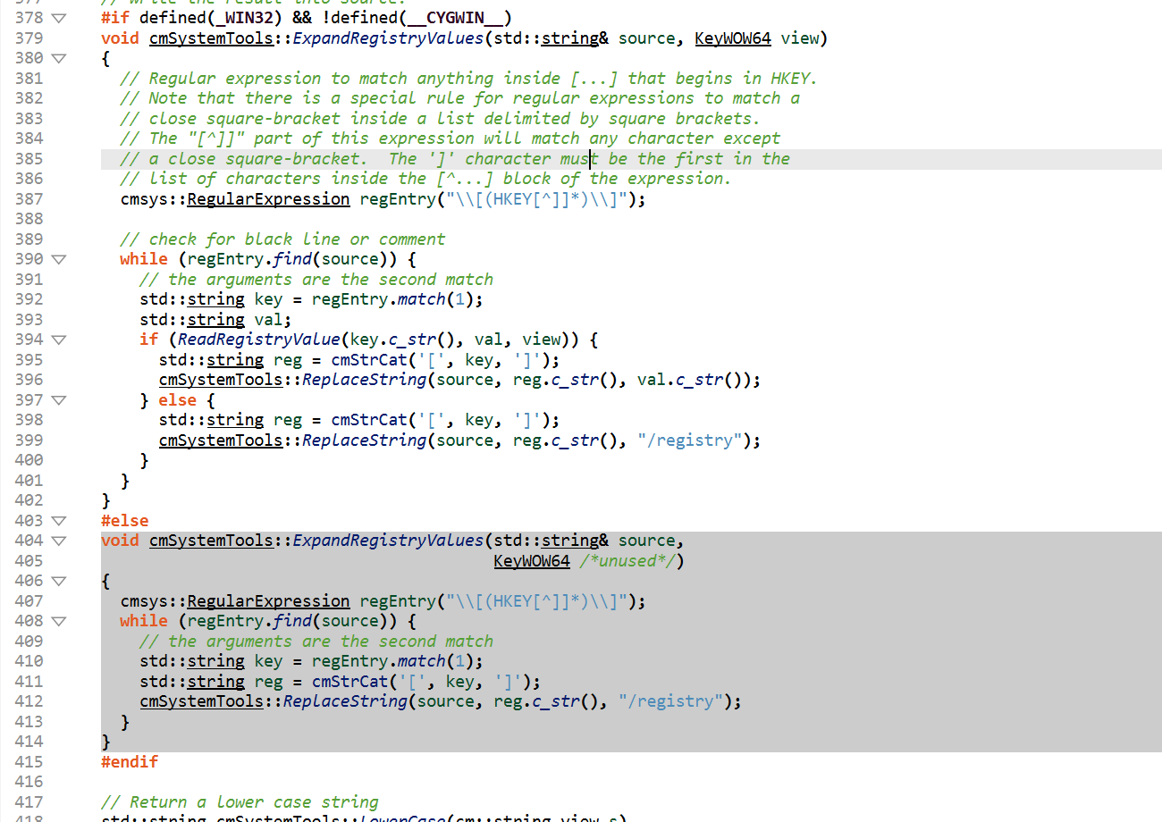 An editor view of an #if defined(_WIN32) block: the Windows implementation renders normally, while the #else branch below it is shaded as inactive code.
