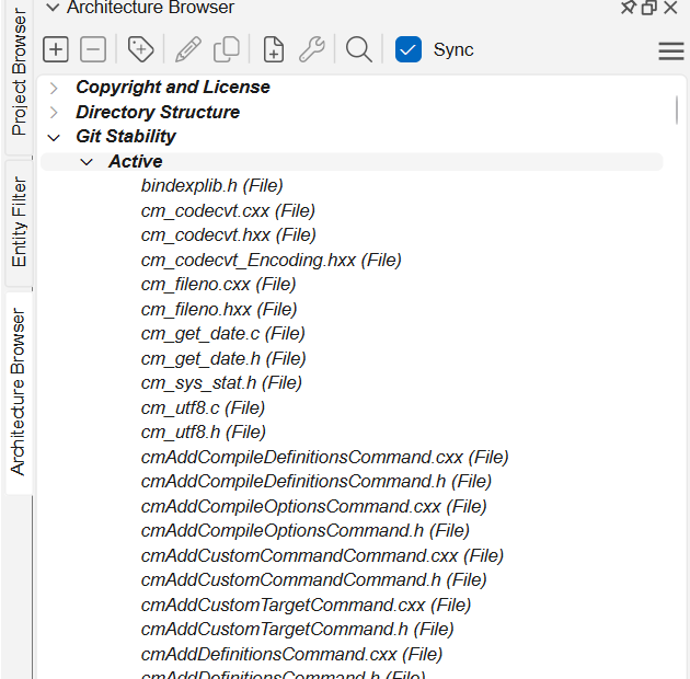 The Architecture Browser panel listing five architectures, with Git Stability expanded to Active, Recurrently Active, and Stable groups, and Active expanded to its files.