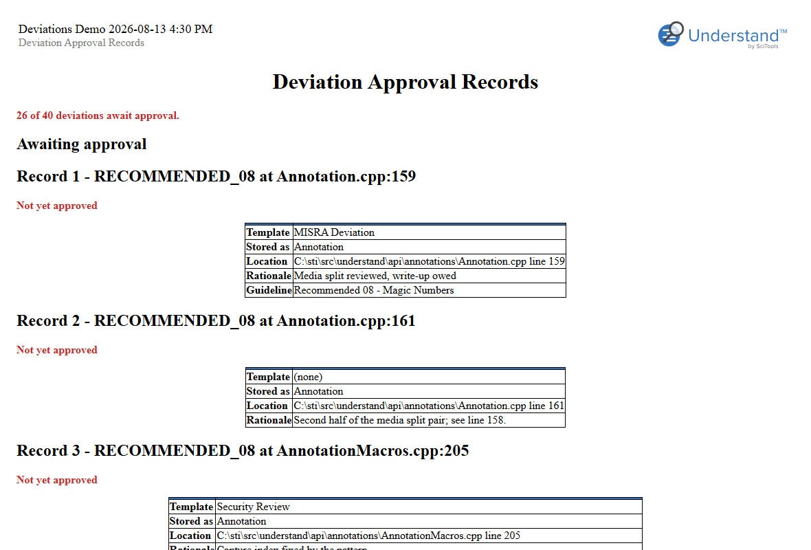 Deviation Approval Records: the awaiting-approval count, then one record block per deviation with template, location, and rationale