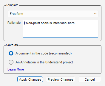 The Ignore Violation dialog on Freeform: a Template box holding the picker and a labelled Rationale row, and the comment-vs-annotation storage choice