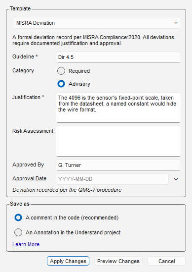 The Ignore Violation dialog showing the MISRA Deviation template's fields — Guideline, Category, Justification, Risk Assessment, Approved By, Approval Date — with the Metadata stamp beneath