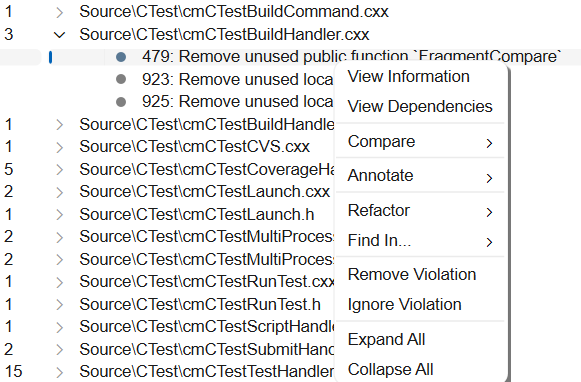 The Violation Browser context menu on a single violation, with Remove Violation and Ignore Violation near the bottom of the menu.