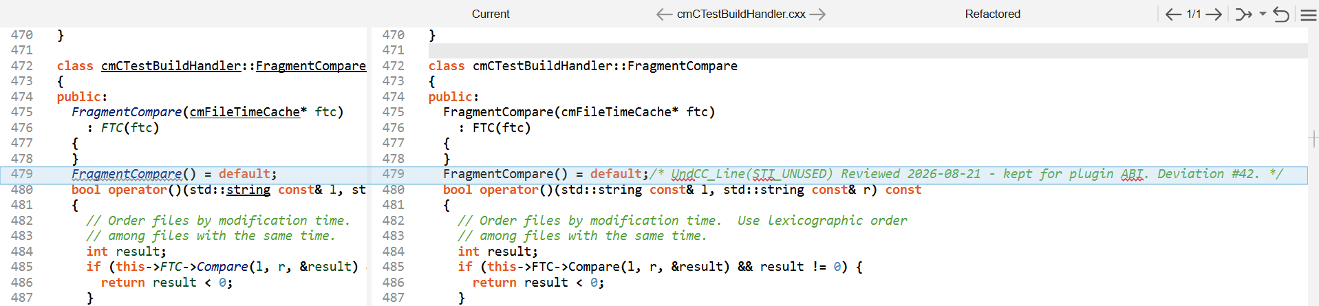 The refactor preview showing Current and Refactored panes side by side; line 479 in the Refactored pane has an UndCC_Line comment appended carrying the CheckID and the typed rationale.