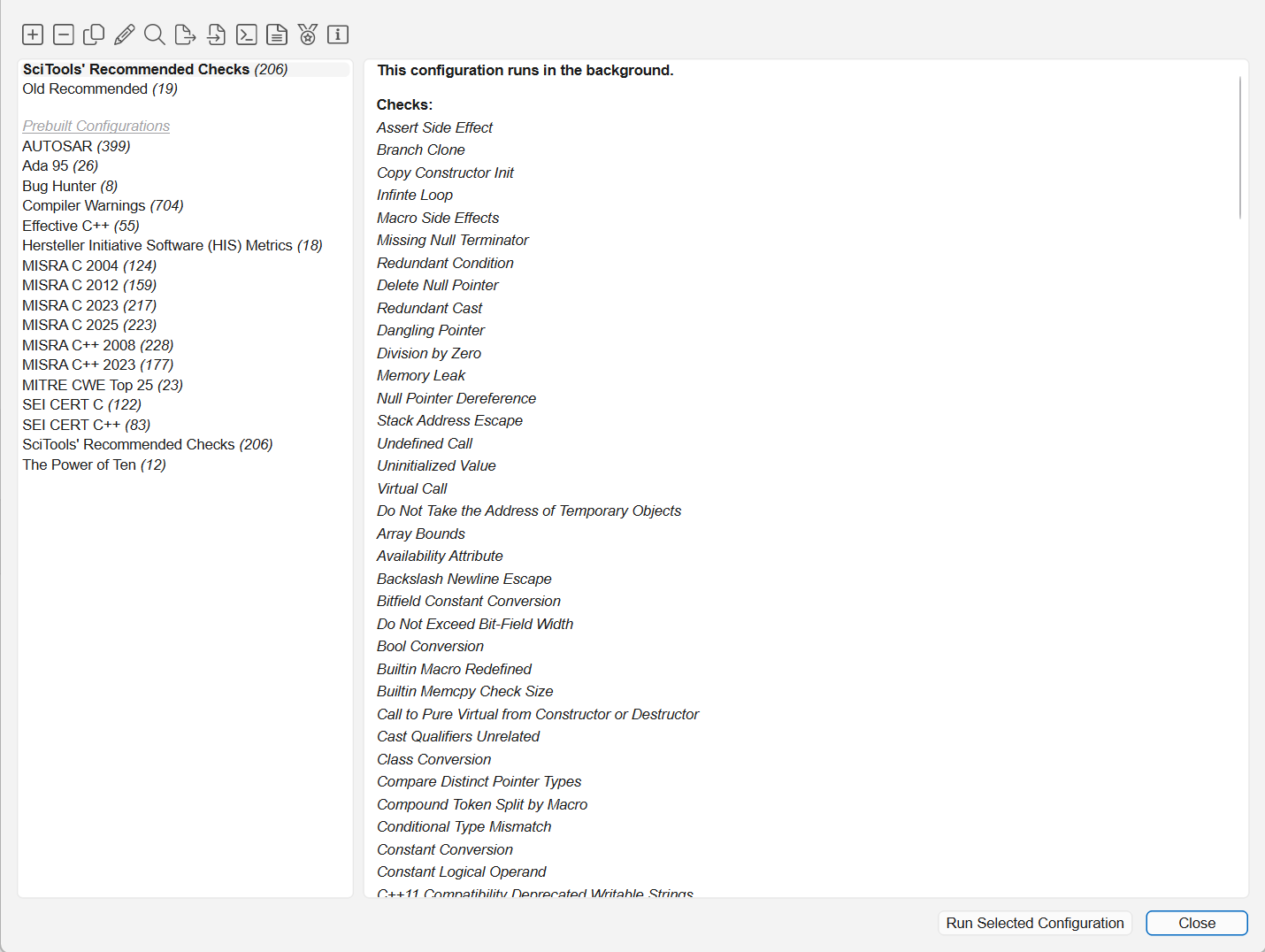 The Manage Configurations dialog: prebuilt configurations listed on the left (AUTOSAR, Bug Hunter, MISRA C and C++ editions, SEI CERT, SciTools' Recommended Checks, The Power of Ten) with the selected configuration's checks listed on the right.