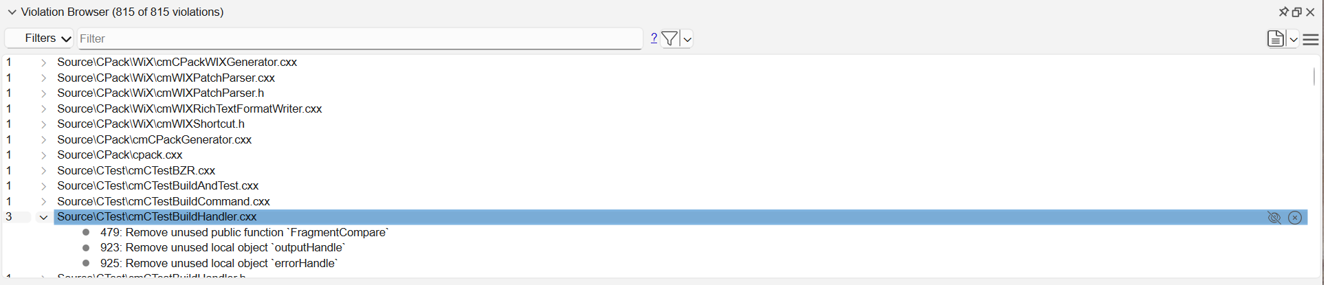 The Violation Browser dock listing violations grouped per file, with one file expanded to show its three individual violations and hover controls on the selected row.