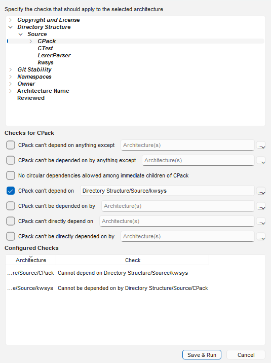 The Configure Dependency Checks dialog. The architecture tree at the top has the CPack node selected under Directory Structure/Source. In the rules below, "CPack can't depend on" is ticked with Directory Structure/Source/kwsys chosen. The Configured Checks list shows the two resulting checks: CPack cannot depend on kwsys, and kwsys cannot be depended on by CPack.
