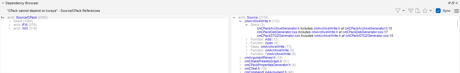 The Dependency Browser scoped to the violation "CPack cannot depend on kwsys". The left pane shows the Source/CPack architecture with 2362 references; the right pane drills into individual files such as cmArchiveWrite.h, down to the exact Includes lines in cmCPackArchiveGenerator.h and cmCPackDebGenerator.cxx.