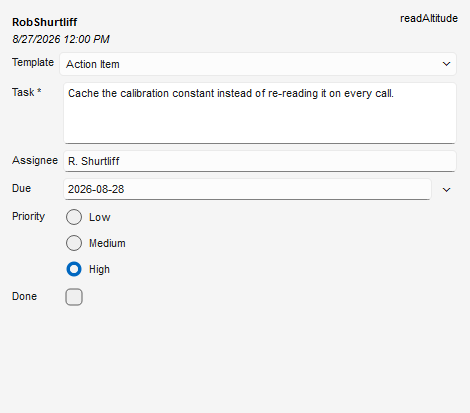 An Action Item card in Edit mode: multiline Task, Assignee, Due date, Priority radios, Done checkbox