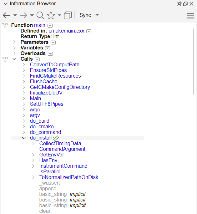 The Information Browser showing Function main. The Calls branch is expanded, and under it do_install is expanded again, showing the functions it calls in turn.