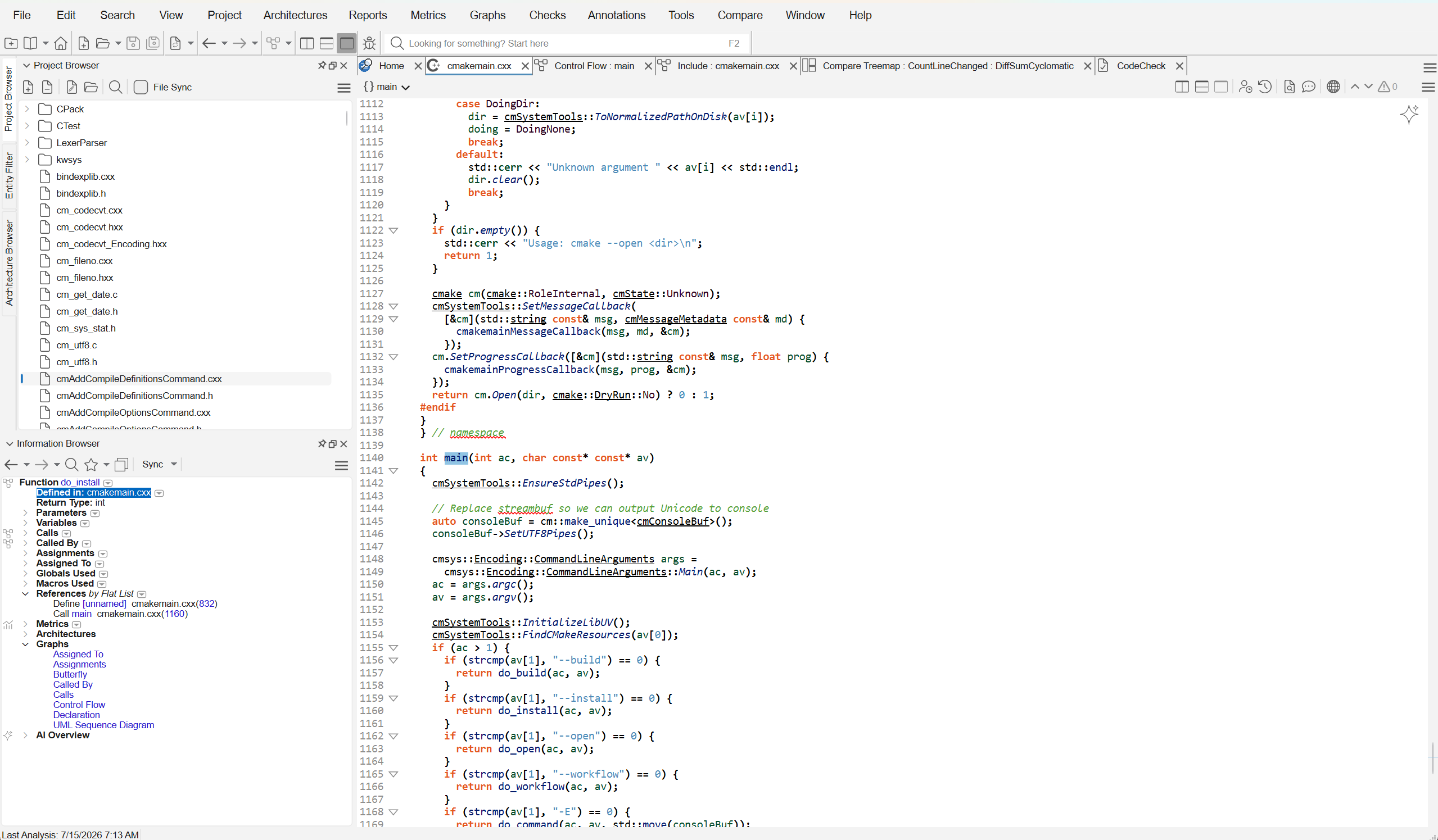 The Understand main window: the Project Browser file tree at the top left, the Information Browser at the bottom left, the source editor in the center, and the global search bar in the toolbar.