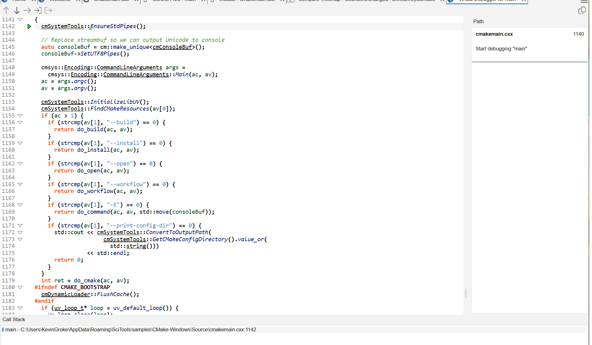 The Virtual Debugger for main: the source with an execution arrow on the current statement, a step toolbar above, the Path panel on the right, and the Call Stack dock below.