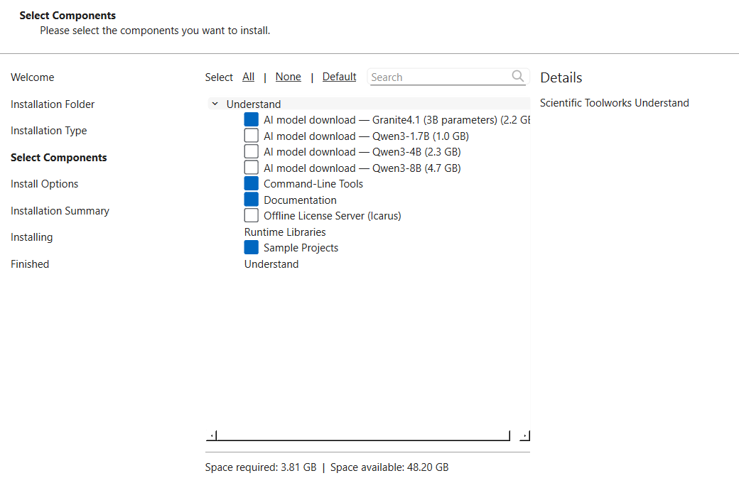The Select Components page. A tree lists four AI model downloads (Granite4.1 checked, three Qwen sizes unchecked), Command-Line Tools, Documentation, and Sample Projects checked, and Offline License Server (Icarus) unchecked, with the space required shown below.