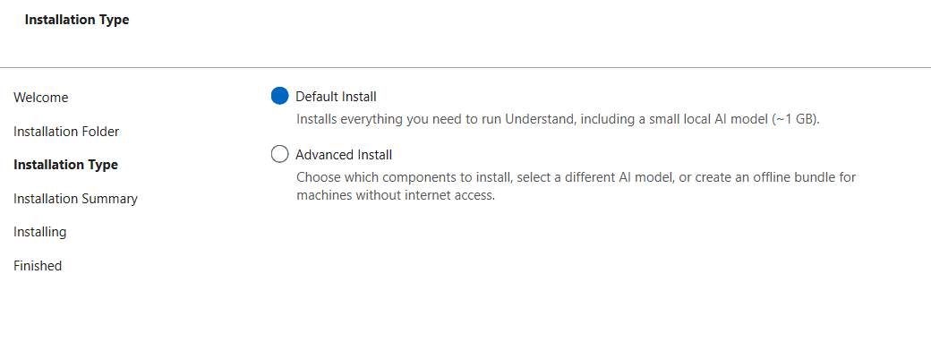 The installer's Installation Type page offering Default Install, which installs everything including a small local AI model, and Advanced Install for choosing components, a different AI model, or creating an offline bundle.