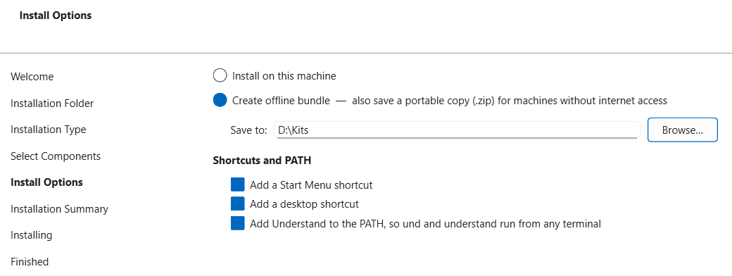The Install Options page with Create offline bundle selected and a Save to field showing the folder D:\Kits next to a Browse button.