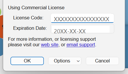 The Licensing dialog showing an active commercial license, with the License Code and Expiration Date fields and OK, Options, and Cancel buttons.