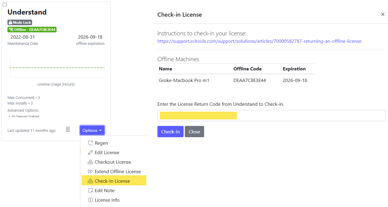 The licensing portal's license card with Options → Check-In License highlighted, next to the Check-in License dialog listing one offline machine and the field for the License Return Code.