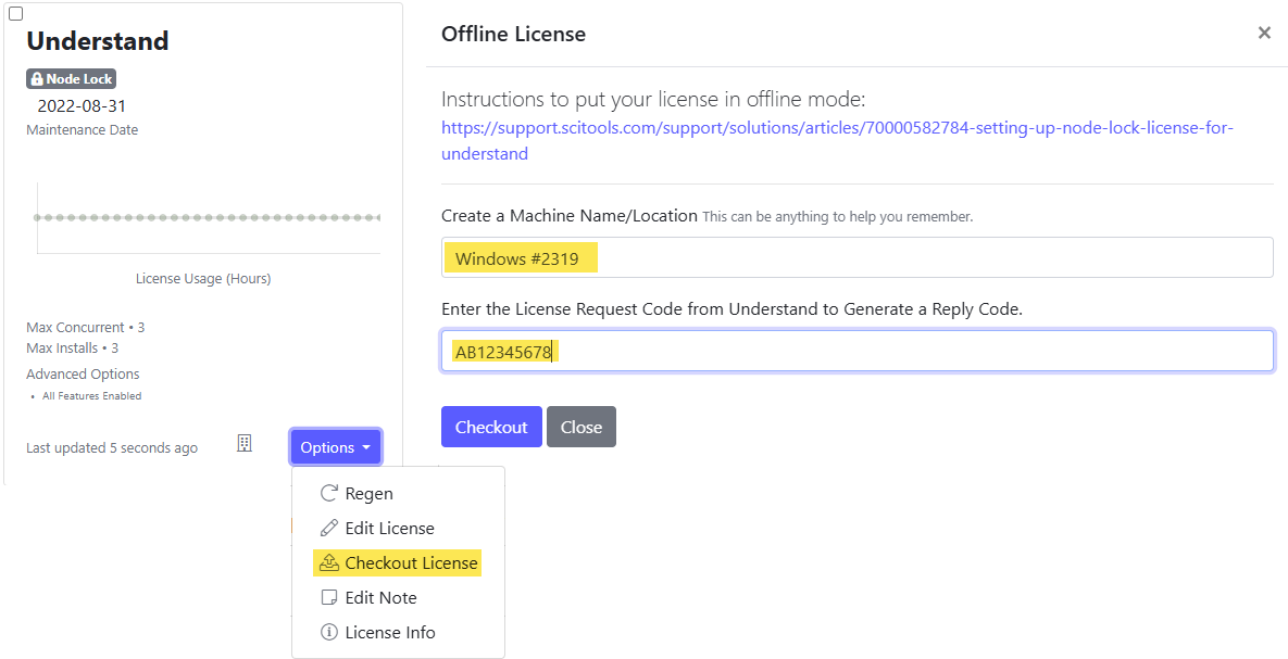 The licensing portal's license card with Options → Checkout License highlighted, next to the Offline License dialog with the Machine Name/Location and License Request Code fields.