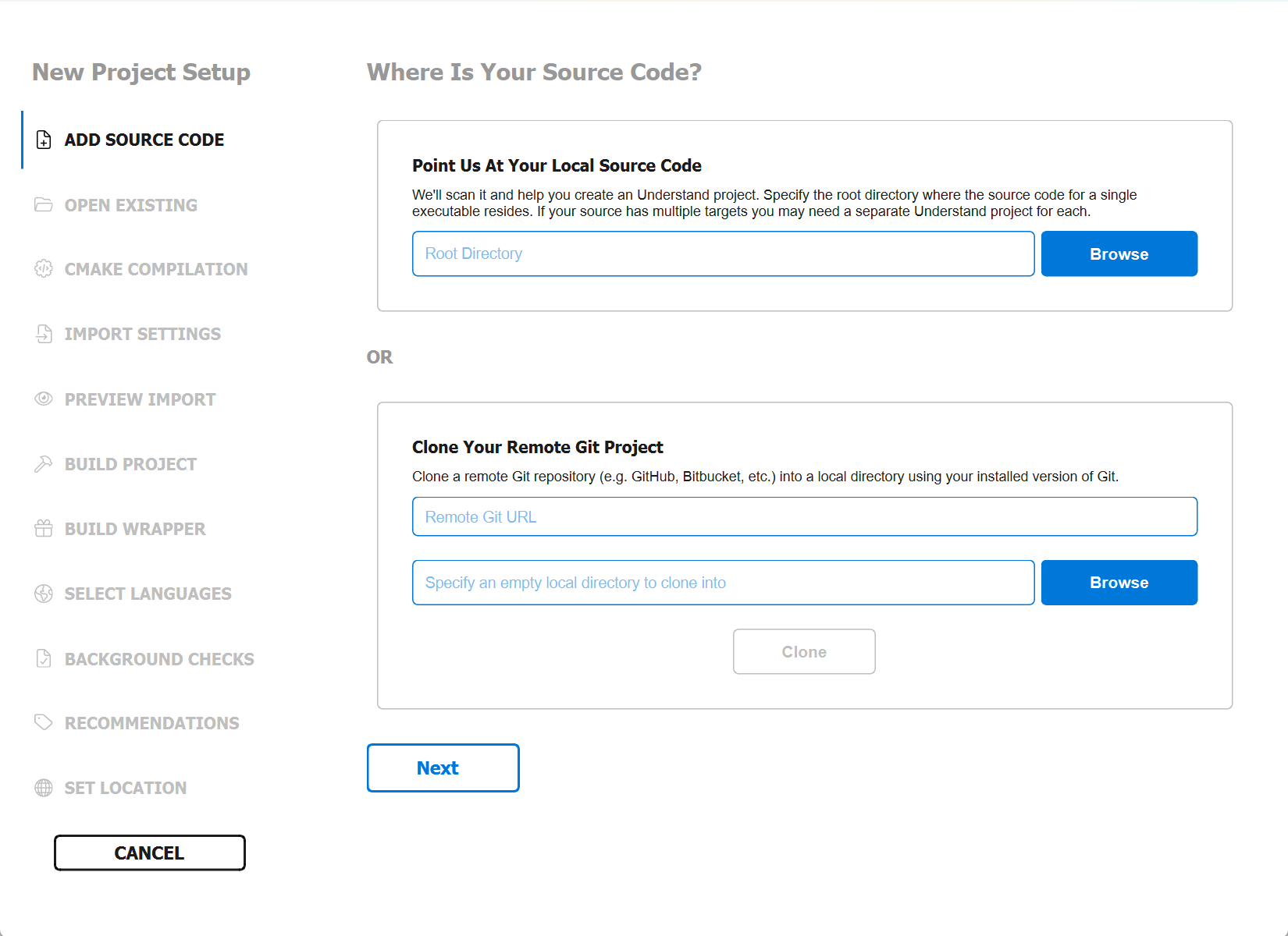 The New Project Wizard: a step list on the left from Add Source Code to Set Location, and the "Where Is Your Source Code?" page offering a local root directory or cloning a remote Git repository.